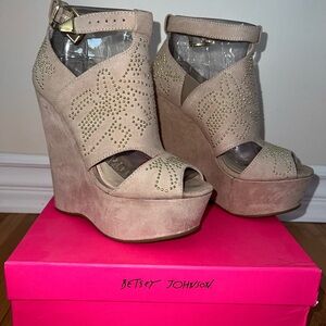 Betsey Johnson Beige Peep-Toe Wedges